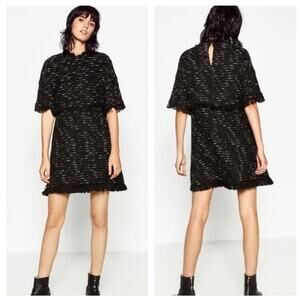 Zara Black Fringe Tweed Textured Knit Wide Sleeve Aline Mini Dress Medium